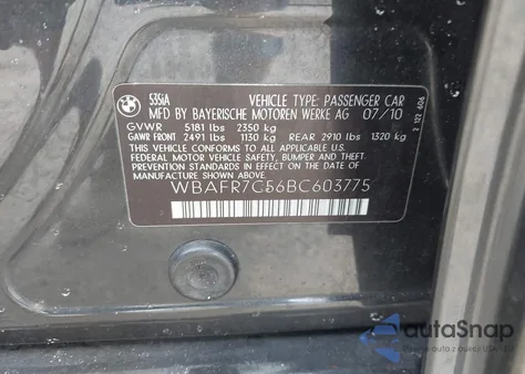 2011 BMW 535I из США, поврежденный, VIN WBAFR7C56BC603775